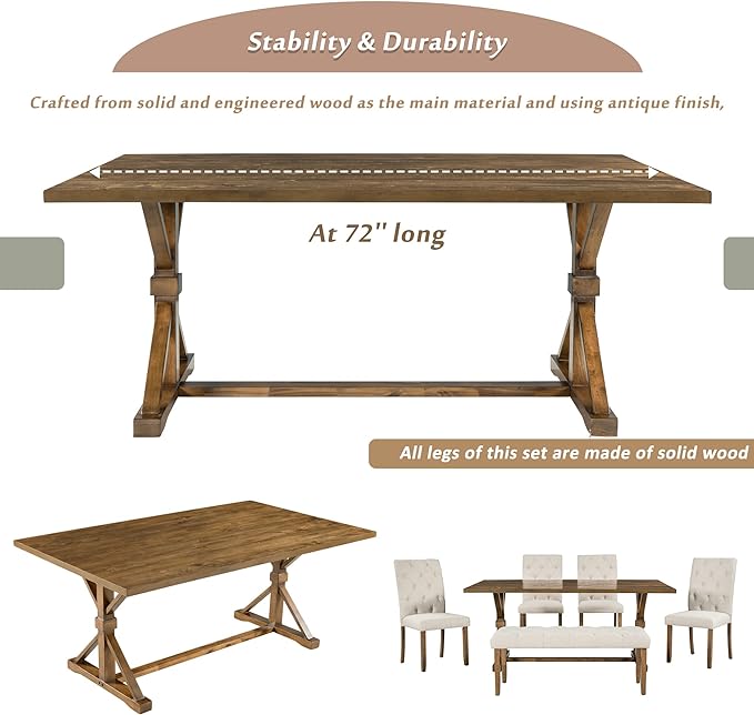 6-Piece Farmhouse Dining Table Set Wood Rectangular Tabletop, 4 Tufted Upholstered Chairs and Bench, for Dinette Room and Kitchen, Walnut, 72" L x 42" W x 30" H - LeafyLoom