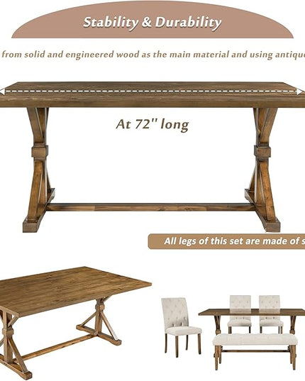 Wood Rectangular Dining Set for 6, includes 1 Table with Cross-Legged Trestle Base, 4 Upholstered High Back Chairs & 1 Bench, Farmhouse Style, Walnut, 72" L x 42" W x 30" H - LeafyLoom