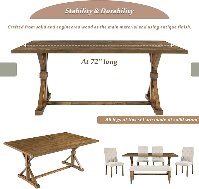 Wood Rectangular Dining Set for 6, includes 1 Table with Cross-Legged Trestle Base, 4 Upholstered High Back Chairs & 1 Bench, Farmhouse Style, Walnut, 72" L x 42" W x 30" H - LeafyLoom