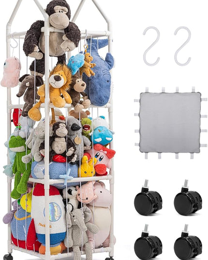 Stuffed Animal Zoo Storage, Extra Large Stuffed Animal Holder with Dust Cloth and Universal Wheels, Toy Storage Organizer, Plush Storage Organizer Shelf for Birthday Gift, Nursery Play Room Bedroom - LeafyLoom