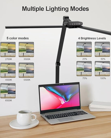 Led Desk Lamp for Office Home - Eye Caring Architect Table Light with Clamp, Dual Screen Computer Smart Light 5 Color 24W Lighting Table Lamp - LeafyLoom