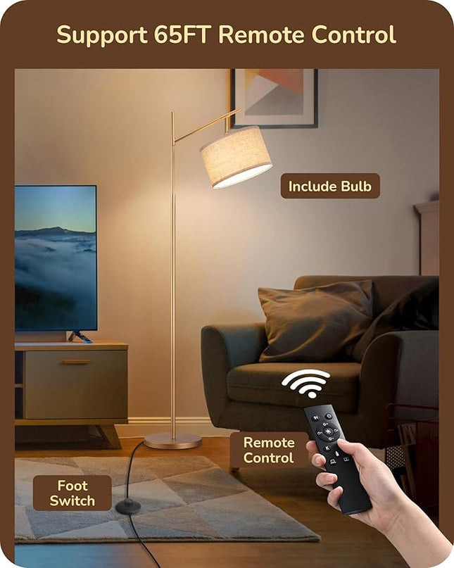 EDISHINE Modern Dimmable Floor Lamp, 63.8" Standing Lamp with Remote Control, E26 Socket, Acr Floor Lamp with Beige Shade for Bedroom, Living Room, Office, LED Bulb Included (Gold) - LeafyLoom