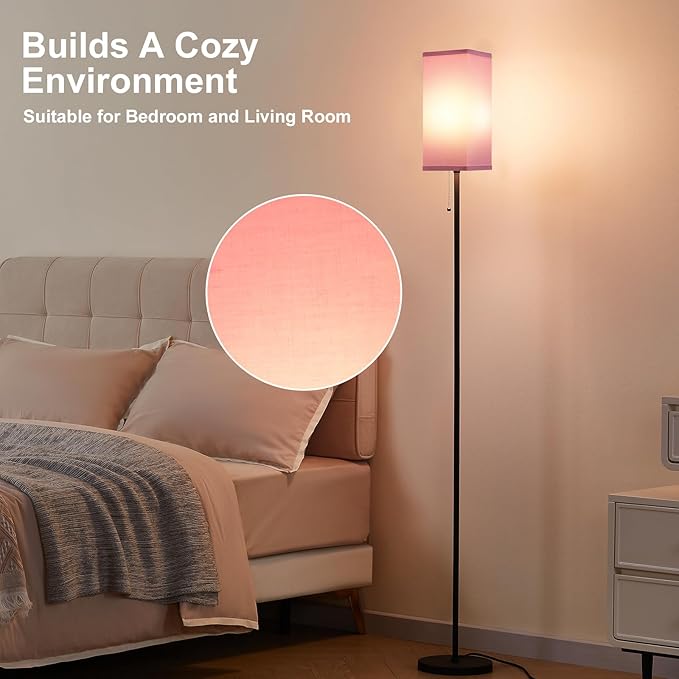 Pink Floor Lamps for Bedroom Modern- 3 Color Temperature Standing Lamps with Pull Chain Switch, Tall Lamp for Office Home Nursery and Hotel, Pole Lamp for Kids Room Reading Girls - LeafyLoom