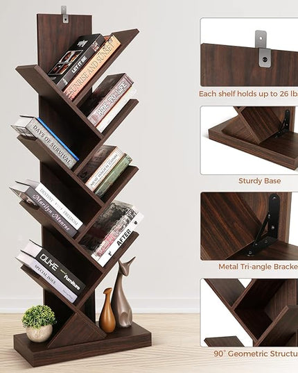 BATHWA Set of 2 Tree Bookshelves, Double 8 Shelf Tree Bookcases, Narrow I Shaped Book Shelves for Home Office, Rustic Wood Open Shelf Organizer Racks for Book CDs Magazines - LeafyLoom