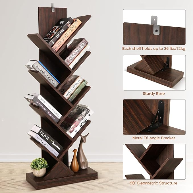 BATHWA Set of 2 Tree Bookshelves, Double 8 Shelf Tree Bookcases, Narrow I Shaped Book Shelves for Home Office, Rustic Wood Open Shelf Organizer Racks for Book CDs Magazines - LeafyLoom