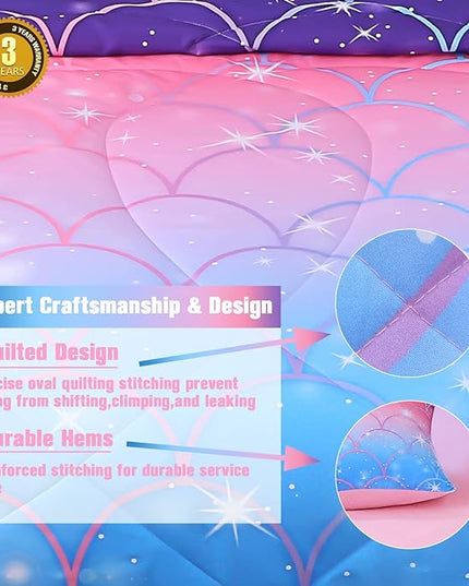 JQinHome Full Size Mermaid Comforter Set, 6 Piece Bed in A Bag 3D Colorful Bedding Set for Girls Kids (1 Comforter,2 Pillowcases,1 Flat Sheet,1 Fitted Sheet,1 Cushion Cover)(Pink Mermaid Scale) - LeafyLoom