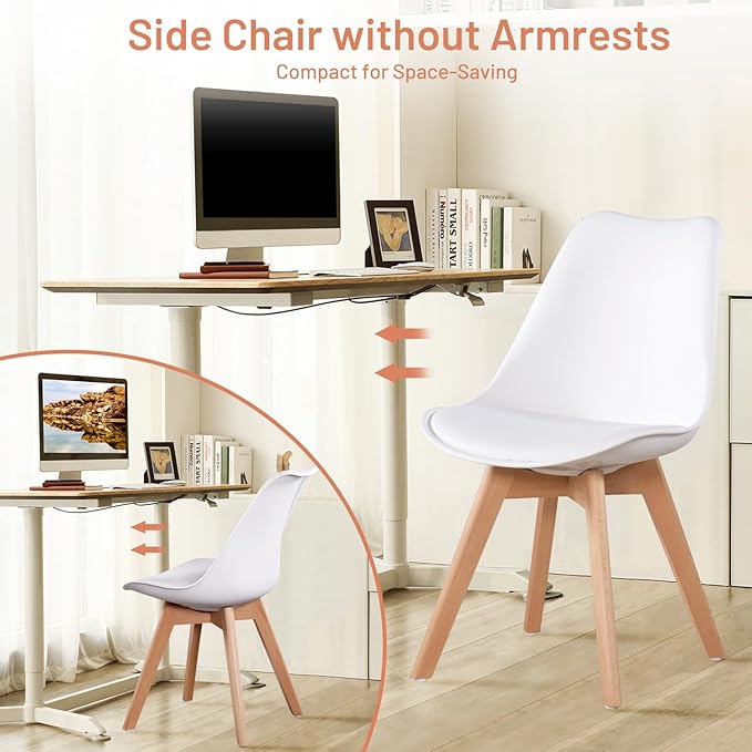 FurnitureR Dining Chairs Set of 4, Kitchen Chairs with Wood Legs, Faux Leather Side Chairs Armless Mid Back for Living Room Bedroom, Cushioned Upholstered Dining Room Chairs, White - LeafyLoom