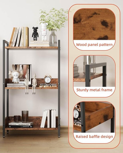 Bookshelf, 3 Tier Industrial Small Book Shelf, Small Storage Bookcase with Organizer, Freestanding Open Shelf for Small Spaces, Bedroom, Living Room, Retro Brown BS70FB - LeafyLoom