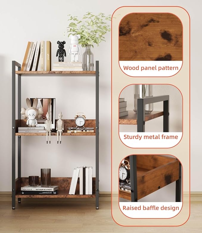 Bookshelf, 3 Tier Industrial Small Book Shelf, Small Storage Bookcase with Organizer, Freestanding Open Shelf for Small Spaces, Bedroom, Living Room, Retro Brown BS70FB - LeafyLoom