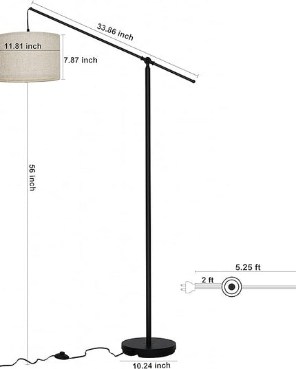 SURAIELEC Arc Floor Lamp, Overhang Cantilever Standing Floor Lamp for Couch, Sofa, Reading, Living Room, Bedroom, Adjustable Balance Arm, Natural Linen Drum Shade, Matt Black Metal Pole, Foot Switch - LeafyLoom