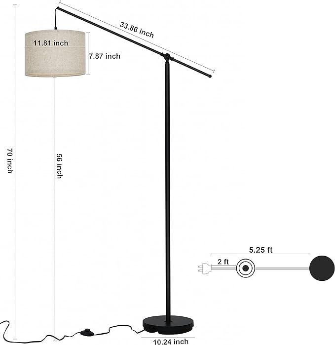 SURAIELEC Arc Floor Lamp, Overhang Cantilever Standing Floor Lamp for Couch, Sofa, Reading, Living Room, Bedroom, Adjustable Balance Arm, Natural Linen Drum Shade, Matt Black Metal Pole, Foot Switch - LeafyLoom