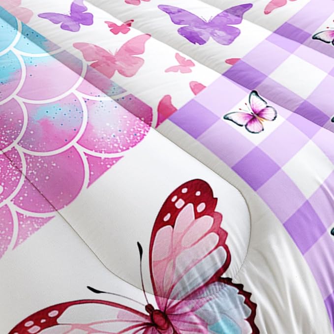 Datura home Kids Comforter Set Mermaid Scale Butterfly Printed Pattern Bedding Set with 1 Comforter and 2 Pillowcases for Girls Boys Bedroom All Season(Mermaid1 Twin) - LeafyLoom
