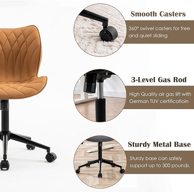 YOUNUOKE Office Desk Chair, Comfy Home Office Chairs, Small Comfortable Desk Chairs with Wheels, Armless PU Leather Chairs for Computer Conference, Camel - LeafyLoom