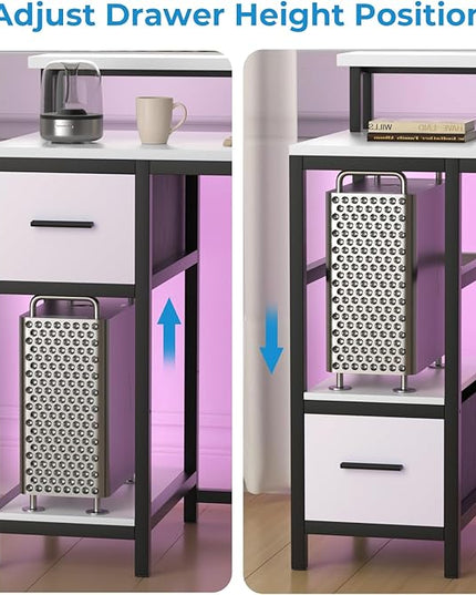 GreenForest Computer Desk with Drawers 39 inch,Gaming Desk with LED Lights & Power Outlets Small Desk with Monitor Stand and Reversible Shelf,White - LeafyLoom