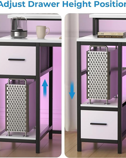 GreenForest Computer Desk with Drawers 47 inch,Gaming Desk with LED Lights & Power Outlets Small Desk with Monitor Stand and Reversible Shelf,White - LeafyLoom