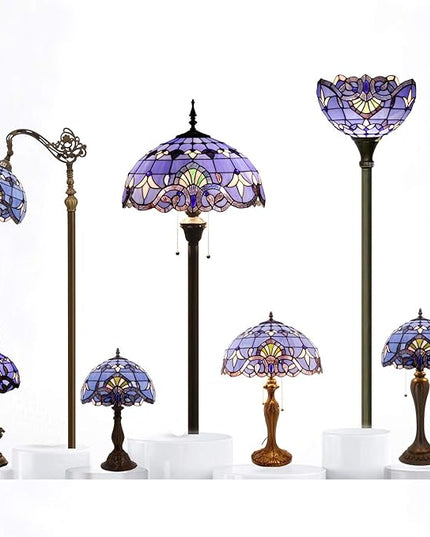 WERFACTORY Tiffany Lamp Blue Purple Stained Glass Baroque Table Lamp Lavender Style Bedside Desk Light Metal Base 16X16X24 Inches Decor Bedroom Living Room Home Office S003C Series (Blue Baraque) - LeafyLoom
