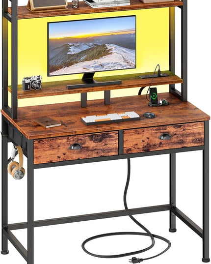 Furologee Small Computer Desk with Power Outlet and 2 Fabric Drawers, Gaming Desk with Light, Home Office Desk with Monitor Stand and Hutch for Small Space Working, Study Table with Shelf Rustic Brown - LeafyLoom
