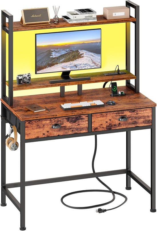 Furologee Small Computer Desk with Power Outlet and 2 Fabric Drawers, Gaming Desk with Light, Home Office Desk with Monitor Stand and Hutch for Small Space Working, Study Table with Shelf Rustic Brown - LeafyLoom