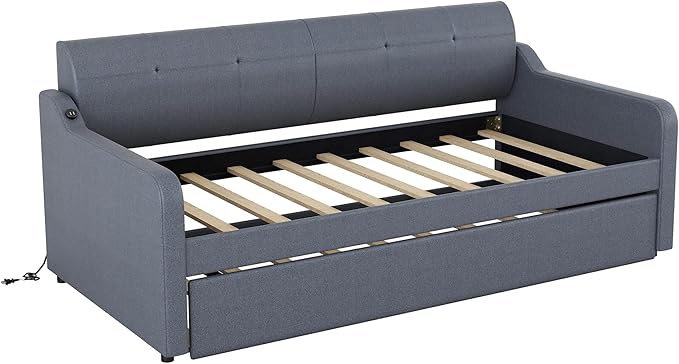 Twin Size Daybed Frame with Pop-up Trundle,Upholstered Day Bed Twin with Charging Station,Wood Sofa Bed Frame with USB for Bedroom,Living Room,Guest(Twin,Gray) - LeafyLoom