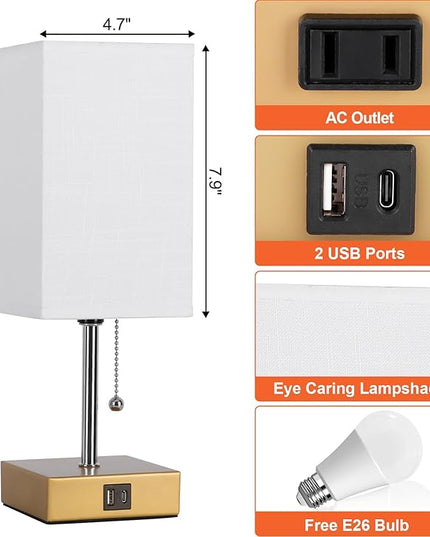 Table Lamp for Bedrooms Set of 2, 3 Color Bedside Table Lamps for Bed Room with USB Type C Charging Port Ac Outlet, Pull Chain Nightstand Table Lamp for Living Room,Office Desk(LED Bulb Included) - LeafyLoom