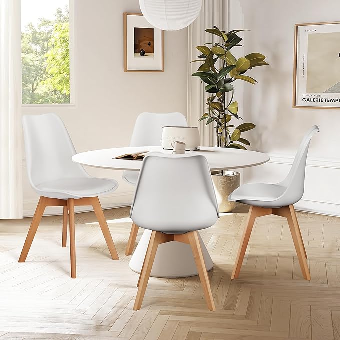 Sweetrcrispy Dining Chairs, Dining Chairs Set of 4, Dining Room Chairs, Kitchen Chairs, Mid Century Modern Chairs, PU Leather Upholstered Chairs with Wood Legs, Kitchen & Dining Room Chairs, White - LeafyLoom
