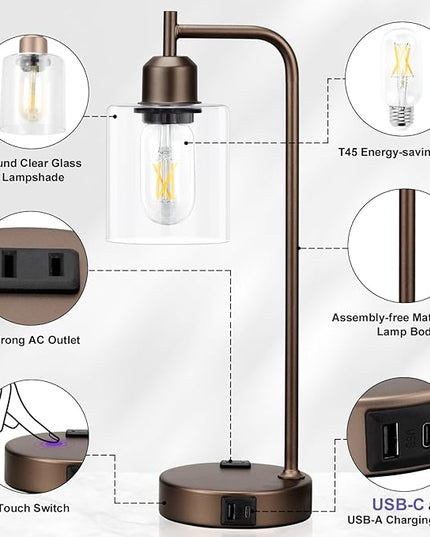 Innqoo Industrial Touch Table Lamps for Bedrooms Set of 2-3-Way Dimmable Lamps with USB C+A Ports and Outlet, Brown Bedside Lamps with Clear Glass Shade for Living Room, Desk Lamps for Home Office - LeafyLoom
