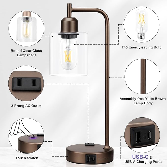 Innqoo Industrial Touch Table Lamps for Bedrooms Set of 2-3-Way Dimmable Lamps with USB C+A Ports and Outlet, Brown Bedside Lamps with Clear Glass Shade for Living Room, Desk Lamps for Home Office - LeafyLoom