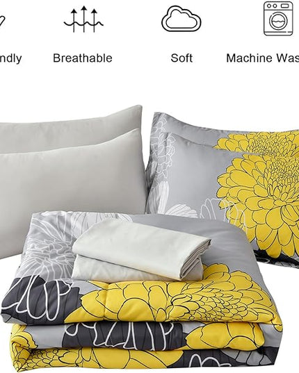 7 Pieces Bed in a Bag Comforter Set Yellow Floral Comforter Flowers Soft Microfiber Bedding Set King Size (1 Comforter 1 Flat Sheet 1 Fitted Sheet 2 Pillowshams 2 Pillowcases) - LeafyLoom