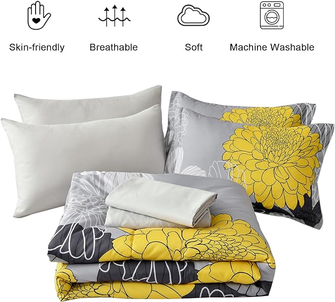 7 Pieces Bed in a Bag Yellow Floral Comforter Set Flowers Comforter Sets Soft Microfiber Bedding Set Queen Size (1 Comforter 1 Flat Sheet 1 Fitted Sheet 2 Pillowshams 2 Pillowcases) - LeafyLoom