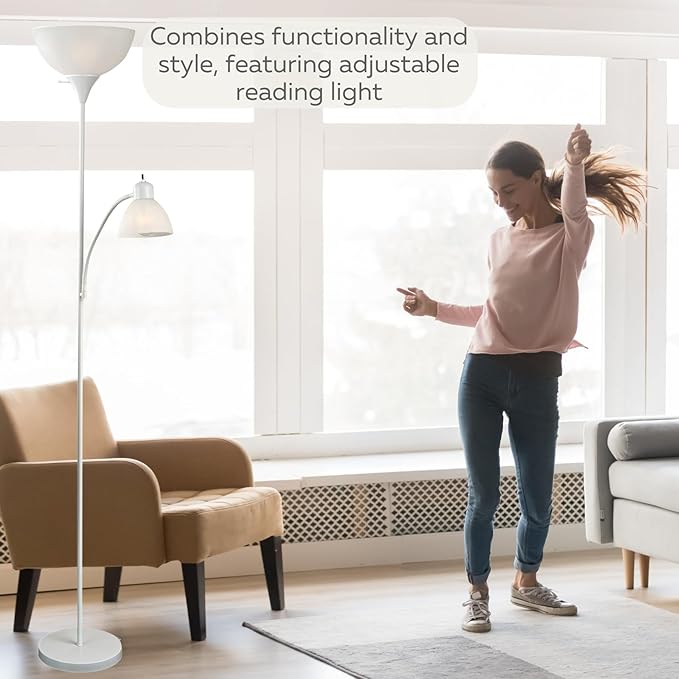 LIGHTACCENTS White Floor Lamp with Opal White Cone Shade – Standing Lamps, Torch Floor Lamps for Living Room, Bedroom – Torchiere, Pole, Super Bright, Corner Lamp (White Finish) - LeafyLoom