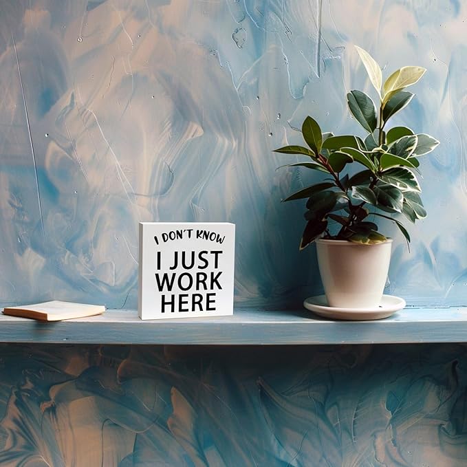 Funny Quotes Wood Box Sign I Don’t Know I Just Work Here Office Signs for Desk Funny Office Desk Accessories Funny Signs for Office Decorative Signs for Home Decor Work Office Decor (5x5inch) - LeafyLoom