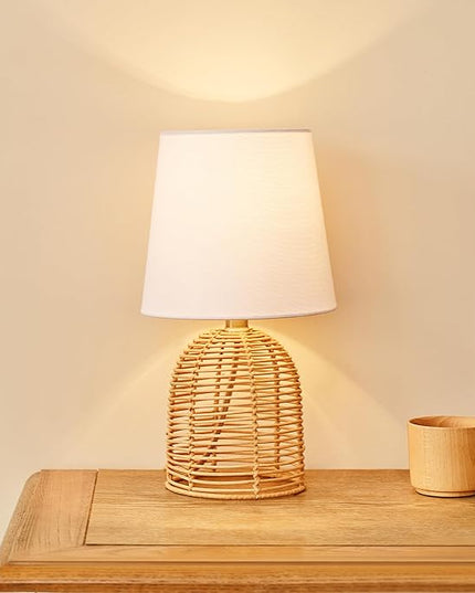 Globe Electric 61000047 14" Table Lamp, Rattan Base, White Linen Shade, On/Off Rotary Switch on Socket, Table Lamp for Living Room, Home Décor, Lamps for Bedroom, Home Improvements, Room Décor - LeafyLoom