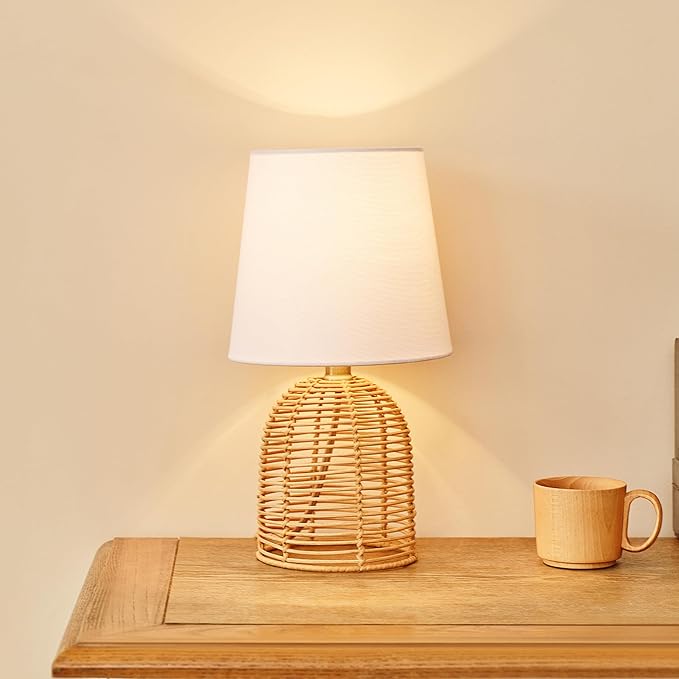 Globe Electric 61000047 14" Table Lamp, Rattan Base, White Linen Shade, On/Off Rotary Switch on Socket, Table Lamp for Living Room, Home Décor, Lamps for Bedroom, Home Improvements, Room Décor - LeafyLoom