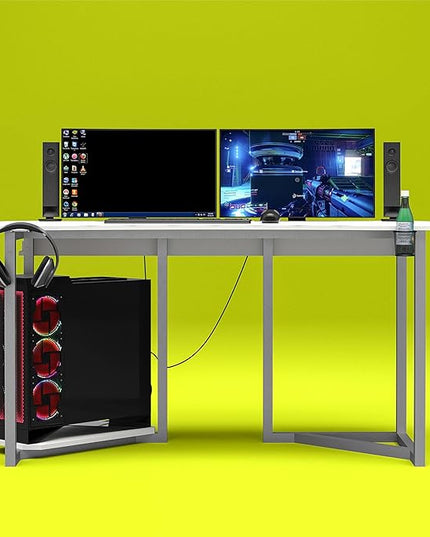 Quest Gaming Desk with CPU Stand, White - LeafyLoom
