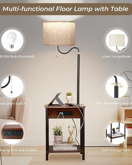 FIMEI Floor Lamp with Table, End Table with Charging Station USB Ports & Outlets, Bedside Table 3 Color Temperature Reading Light, Nightstand with Shelves for Living Room Bedroom Apartment, Red Brown - LeafyLoom