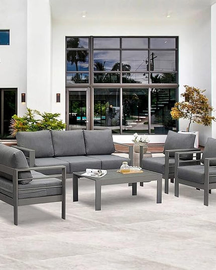 Wisteria Lane Aluminum Outdoor Patio Furniture Set, Modern Patio Conversation Sets, Outdoor Sectional Metal Sofa with 5 Inch Cushion and Coffee Table for Balcony, Garden, Dark Grey - LeafyLoom