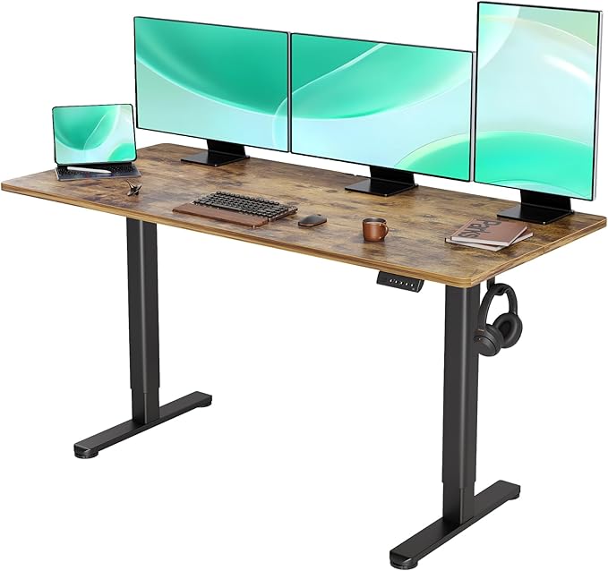 Electric Standing Desk, Adjustable Height Stand up Desk, 63x24 Inches Sit Stand Home Office Desk with Splice Board,Rustic Brown Top - LeafyLoom
