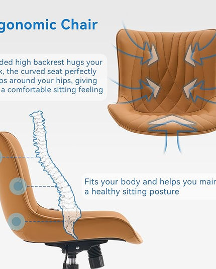 YOUNIKE Office Chair, Armless Desk Chair with Wheels, Home Office Computer Task Chairs, Modern Faux Leather Upholstered Vanity Chair, Adjustable Swivel Rocking Chair with Back, Saffron Tan - LeafyLoom