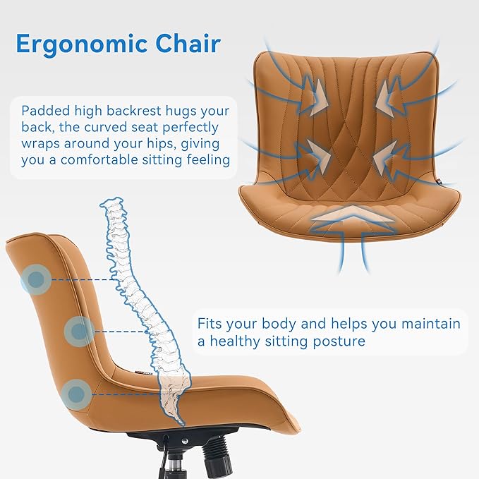 YOUNIKE Office Chair, Armless Desk Chair with Wheels, Home Office Computer Task Chairs, Modern Faux Leather Upholstered Vanity Chair, Adjustable Swivel Rocking Chair with Back, Saffron Tan - LeafyLoom