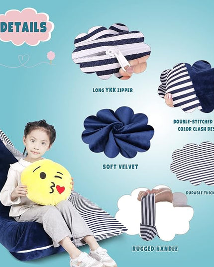 Stuffed Animal Storage Bean Bag Chair Cover, Velvet Canvas Blue Denim Plush Toy Storage Stuff and Sit Seat for Kids/Teens/Adults, 52" x 31" Extra Large Triangle Sofa, 200L/52Gal, Cover Only - LeafyLoom