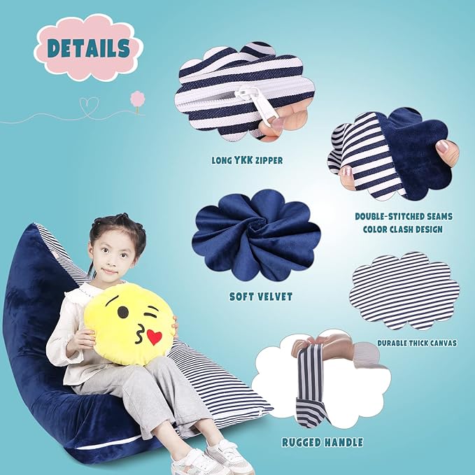 Stuffed Animal Storage Bean Bag Chair Cover, Velvet Canvas Blue Denim Plush Toy Storage Stuff and Sit Seat for Kids/Teens/Adults, 52" x 31" Extra Large Triangle Sofa, 200L/52Gal, Cover Only - LeafyLoom