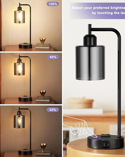 Innqoo Industrial Touch Bedroom Lamps for Bedrooms Set of 2-3-Way Dimmable Table Lamps with USB C+A Ports and Outlet, Bedside Lamps with Gray Glass Shade for Living Room, Desk Lamps for Home Office - LeafyLoom