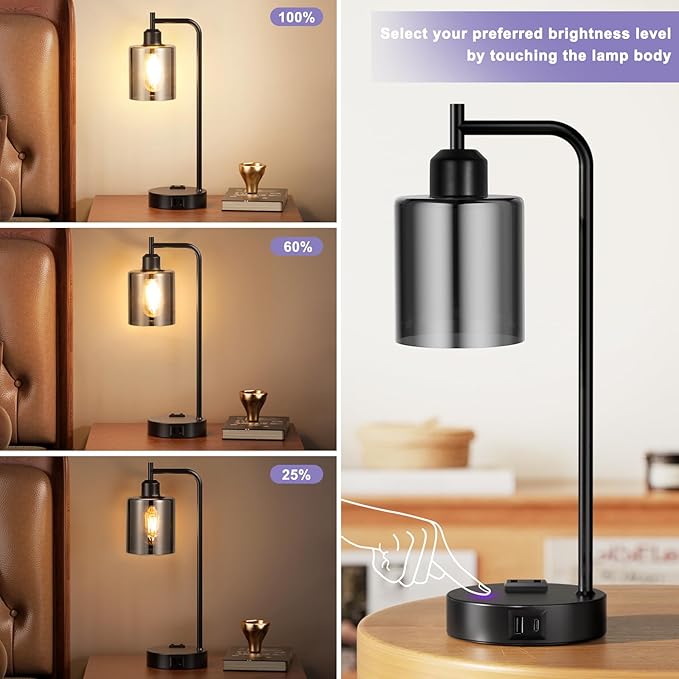 Innqoo Industrial Touch Bedroom Lamps for Bedrooms Set of 2-3-Way Dimmable Table Lamps with USB C+A Ports and Outlet, Bedside Lamps with Gray Glass Shade for Living Room, Desk Lamps for Home Office - LeafyLoom