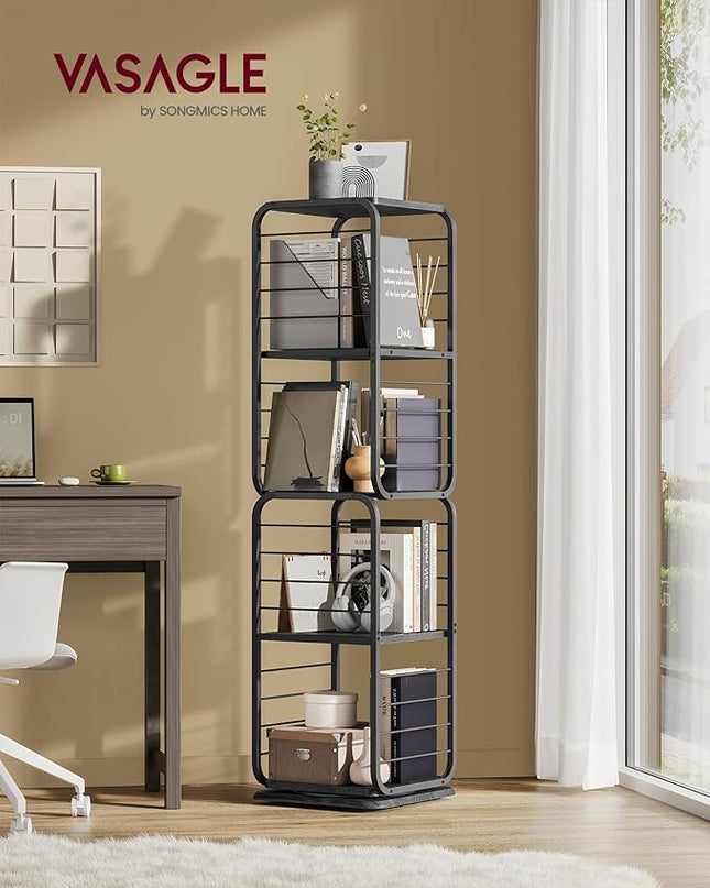 VASAGLE 4-Tier Rotating Bookshelf, Bookcase with Bookends for Small Spaces, Corner Shelf, Steel Frame, Ebony Black and Ink Black ULLS127B56 - LeafyLoom