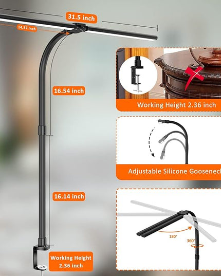 Double Head LED Desk Lamp, Architect Desk Lamps for Home Office, 24W Brightest Workbench Office Lighting-5 Color Modes and 5 Dimmable Eye Protection Modern Desk Lamp for Monitor Reading - LeafyLoom