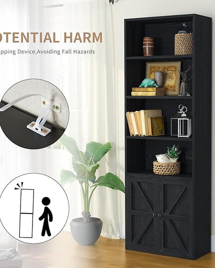 oneinmil 6 Tier Bookcase Set of 2,Wooden Bookshelves with Cabinet Doors, Floor Bookshelf and Office Storage Cabinets for Living Room,Black - LeafyLoom