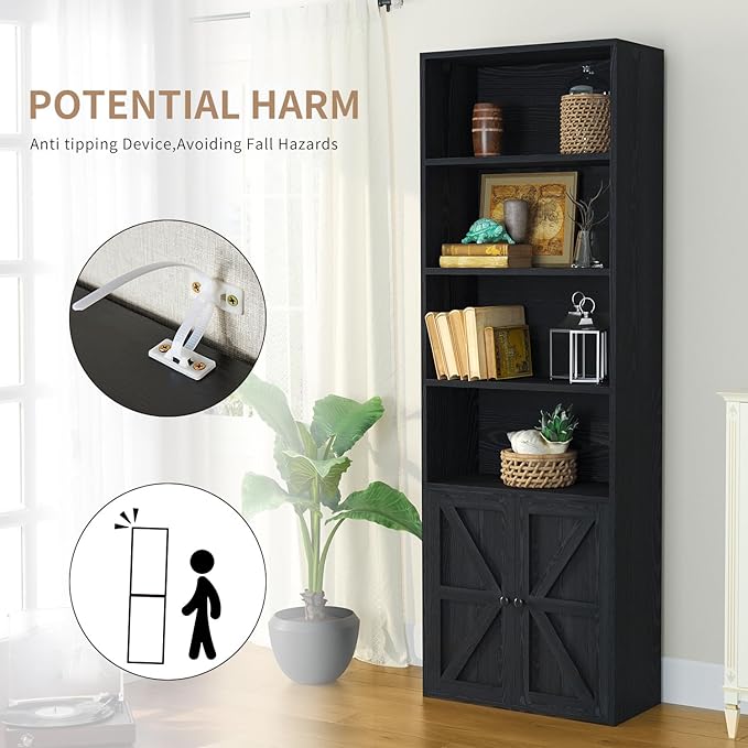 oneinmil 6 Tier Bookcase Set of 2,Wooden Bookshelves with Cabinet Doors, Floor Bookshelf and Office Storage Cabinets for Living Room,Black - LeafyLoom