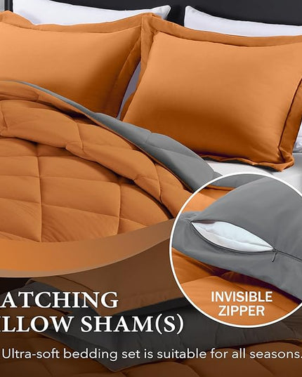 downluxe Queen Comforter Set - Burnt Orange and Grey Queen Comforter, Soft Bedding Sets for All Seasons -3 Pieces - 1 Comforter (88"x92") and 2 Pillow Shams(20"x26") - LeafyLoom
