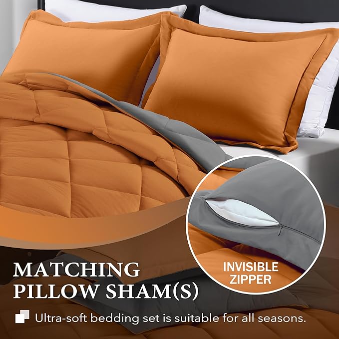 downluxe Queen Comforter Set - Burnt Orange and Grey Queen Comforter, Soft Bedding Sets for All Seasons -3 Pieces - 1 Comforter (88"x92") and 2 Pillow Shams(20"x26") - LeafyLoom