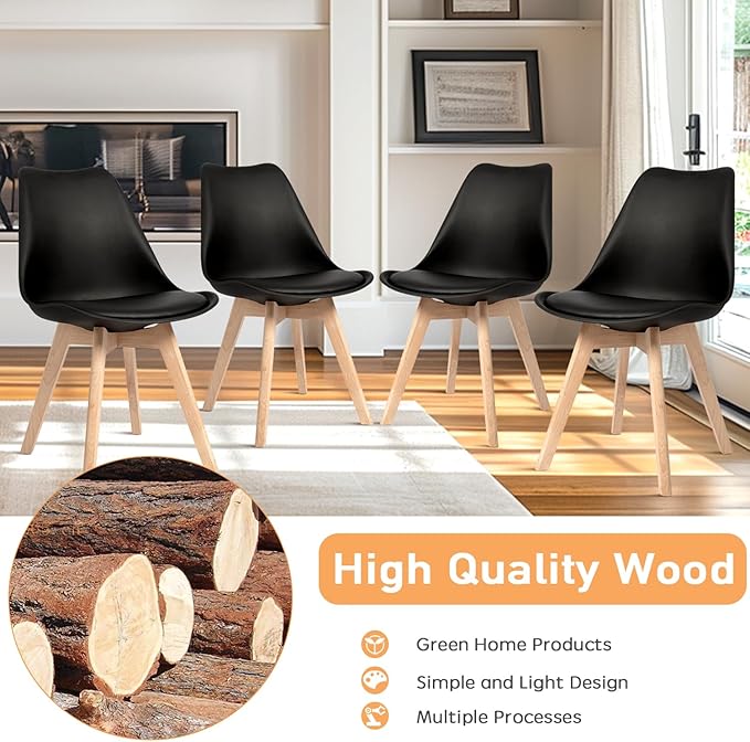CangLong Side Chair Mid Century Modern Dining Chair with Wood Legs for Kitchen, Living,Dining Room, Set of 4, Black - LeafyLoom